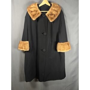 Saks Fifth Avenue Vintage Women's L Coat Black Long Brown Genuine Fur Trim Penny
